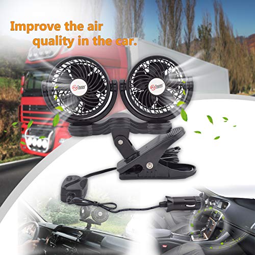 TN TONNY Dual Head Clip Fan, 4 Inches Electric Car Clip Fans 360° Rotatable,12V Cooling Air Fan with Stepless Speed Regulation for Vehicle or Home