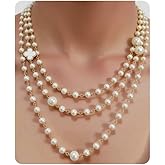 Multi-Strand Long Layered Simulated Pearl Necklace for Women, 14K Gold Plated Clover Necklace Jewelry Gift for Her