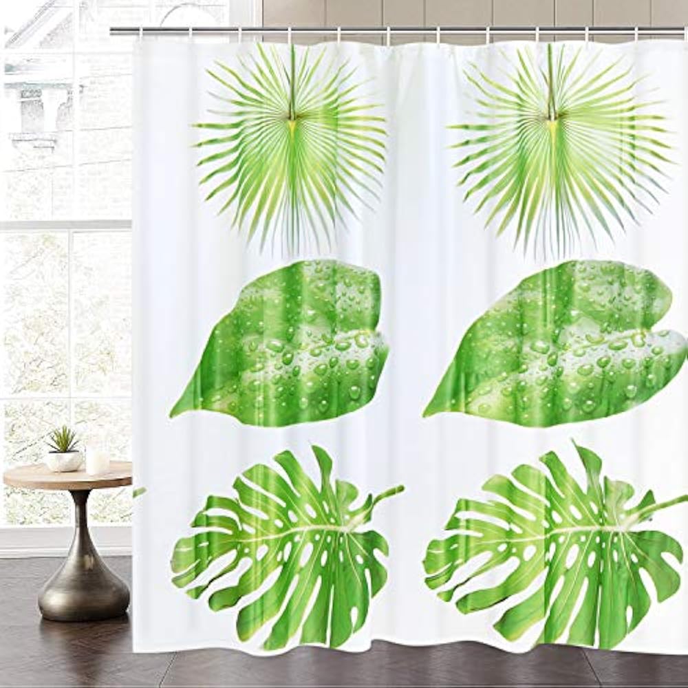 Palm Leaf Shower Curtain Tropical Leaves With 12 Hooks Waterproof EVA Green Bath eBay