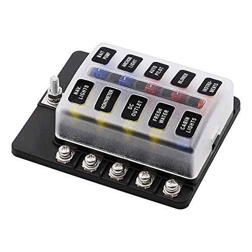 10 Circuit Boat Fuse Box,elecfan 10 Way Fuse Block Waterpoof Cover Blade Fuse Holder 32V Quick Connect Screw Terminal Free Fuses with LED Safety Indicator for Automotive Car Marine Trike (10-way)