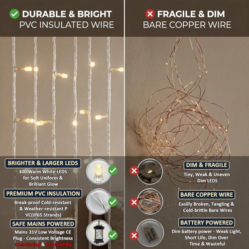 Dekofun Pack of 2 3 x 3 m 300 LED Curtain Lights with Socket, Timer, 8 Modes, IP65 Waterproof Waterfall Lights for Outdoor Indoor Balcony Garden WeddingTerrace, Warm White