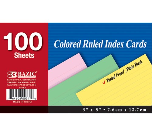 BAZIC 100 Ct. 3" X 5" Ruled Colored Index Card (Case of 36)