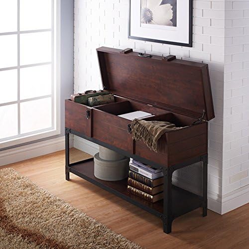 Console Table For Entryway - Vintage Walnut Storage Trunk Style - Black Industrial Metal Legs