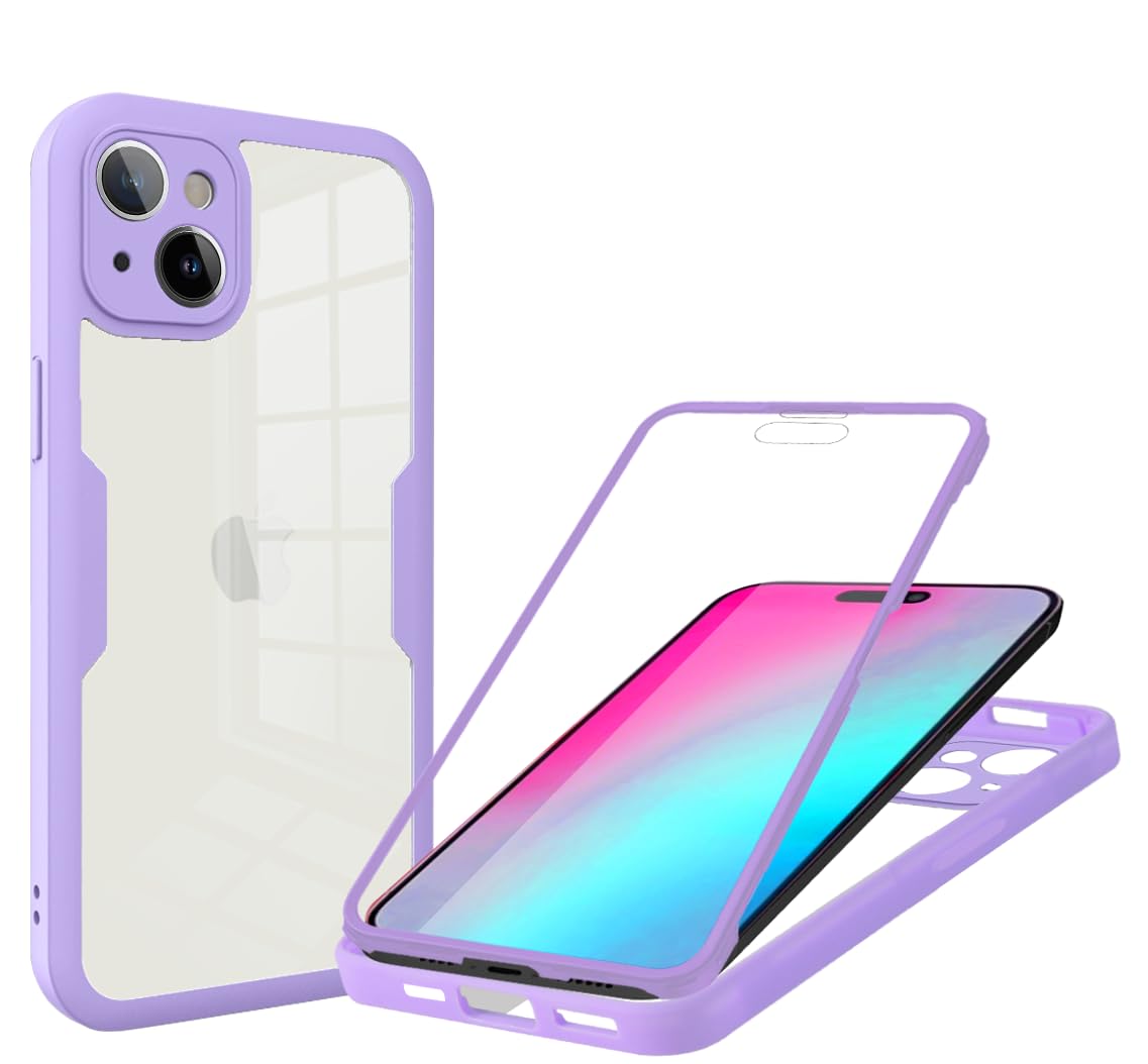 Draamvol for iPhone 13 Case Built-in Screen Protector Clear Silicone Bumper Cover Shockproof 360°Full Body Drop Protection Transparent Cover for iPhone 13 Phone Case, Purple