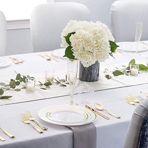 BLACK SWAN 150 pcs Gold Rim Plates & Plastic Silverware & Gold Rim Cups, Disposable Dinnerware/Cutlery/Party Tableware for 25 Guest includes: 25 Dinner Plates, 25 Dessert Plates, 25 Tumblers, 25 Forks