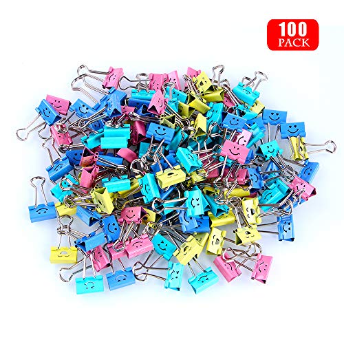 Binder Clips, Limque Paper Clips,Paper Clamps with Colored Cute Hollow Smiling Face,100 Pcs 0.75 inch/19mm Size Clips, for Office,Teacher Gifts and Kitchen,Small/Mini