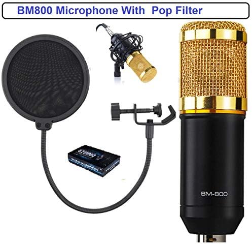 Techtest Studio Microphone Professional Dynamic Mic For Recording Bm 800 Condenser Singing Youtube Microphone With Wind Shield Pop Filter Sound Windscreen (BM800 Golden With Pop Filter)