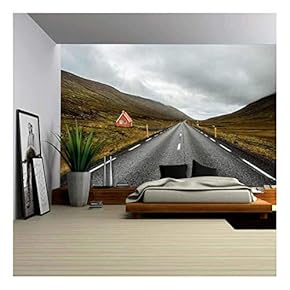 Long Road in The Hills Area with a Red Hut - Removable Wall Mural | Self-Adhesive Large Wallpaper - 66x96 inches
