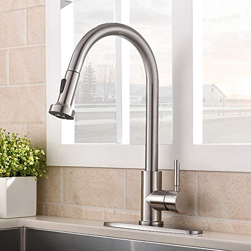 VCCUCINE Commercial High Arc Stainless Steel Single Handle Pull Down Sprayer Brushed Nickel Kitchen Sink Faucet,Pull Out Kitchen Faucet with Escutcheon - Thumbnail 2