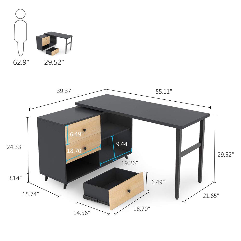Tribesigns Rotating L Shaped Computer Desk, 55” Corner Desk With 3Drawers And Storage Shelves