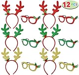 6 Pcs Christmas Reindeer Headbands and 6 Pcs Christmas Party Fancy Glasses Frames Bundle Pack of 12 for Christmas and Holiday Parties (ONE SIZE FIT ALL)