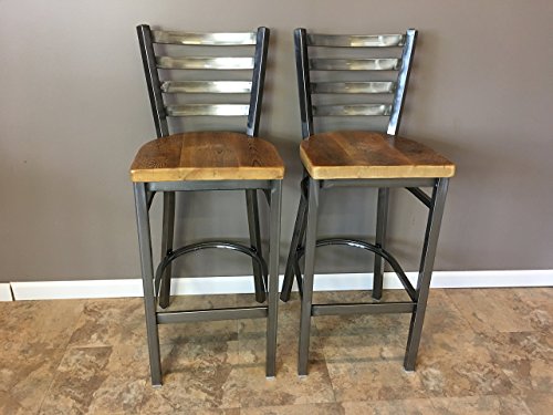 Set Of 2 Reclaimed Wood Seat Bar Stool | With Ladder Back Metal Frame | Restaurant Grade | High Quality |30 Inch High Barstool