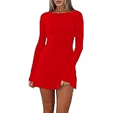 VASAUGE Women's Sexy Long Sleeve Mini Dress Crew Neck Party Club Short Dresses, Large, Red