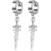 Unisex Punk Hip Hop Stainless Steel Silver Black Gold Tone Lock Thunder Lightning Bolt Dangle Huggie Hoop Earrings Gift for Women Men Boy Teens