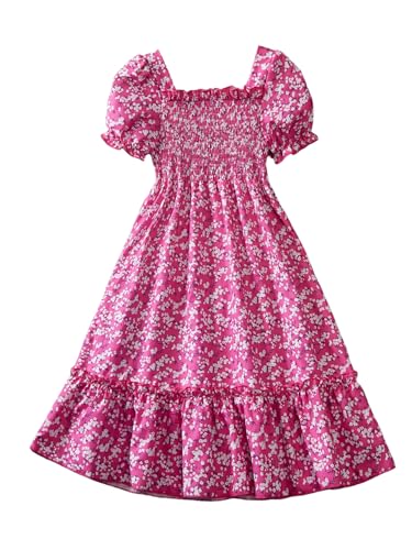 OYOANGLE Girl's Floral Print Smocked Ruffle Midi Dress A Line Dresses at Amazon