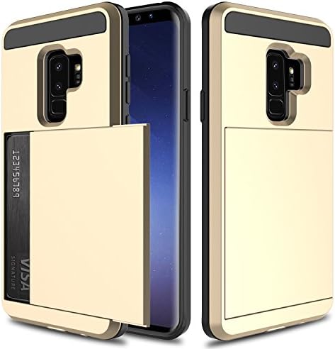 USHAWN Galaxy S9 Plus Case, Sliding Card Holder Dual Layer Hybrid TPU Bumper Protection Defender Shockproof Anti-Scratch Rugged Wallet Case Cover for Samsung Galaxy S9 Plus / S9 + (Gold)