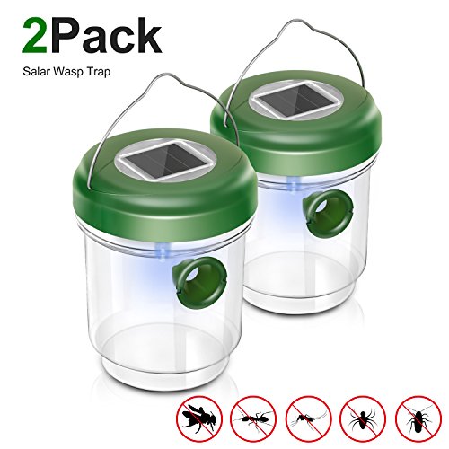 Adoric Life Wasp Trap Catcher, Perfect Outdoor Solar Powered Trap with Ultraviolet LED Light for Yellow Jackets, Bees, Wasps, Hornets, Bugs and More - 2 Pack
