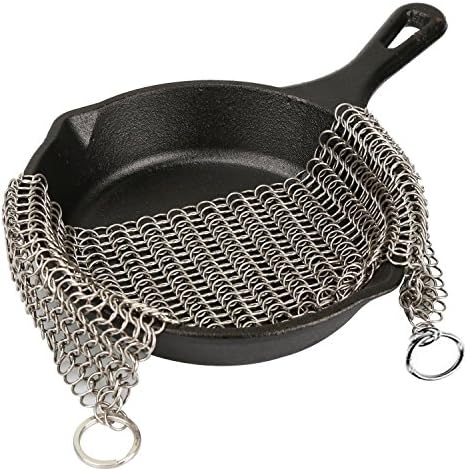 Stainless Steel chainmail scrubber for Pan Pre-Seasoned Pan Dutch Ovens Waffle Iron Pans Scraper cast-iron cleaner,Pot Cleaner, 8x6-2 side Hook fully Hand Made