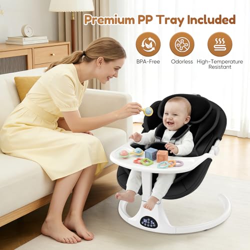 Dossier Réglable Transat Bébé Electrique, Balancelle Bébé Avec Coussin Amovible et Table D'appoint, Balançoire pour Baby avec 3 Minuteries et 5 Vitesses, 12 Mélodies, 3 Options D'alimentation (Noir)