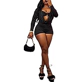 LXUAMR Jumpsuits for Women Sexy Deep V Neck Long Sleeve Romper Solid Color Bodycon Shorts Jumpsuit Going Out Outfits