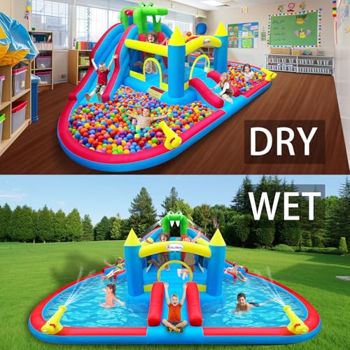 Rolonal Inflatable Bounce House with Water Slides, Double Ball Pit/Water Pool, Crocodile Styling, Climbing Wall, Outdoor Kids Bouncy Castle with Air Blower