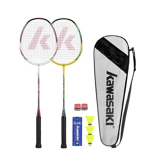 Kawasaki Badminton Racket Set of 2, Lightweight Graphite Shaft Carbon Alloy Frame Badminton Rackets for Training, Sports and Entertainment, with 3 Badminton shuttlecock, 2 Overgrips and Carrying Bag