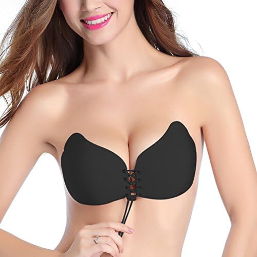 Adhesive Bra, Push Up Strapless Bra with Drawstring Reusable Invisible Silicone Backless Bras for Women (CUPA, Black)