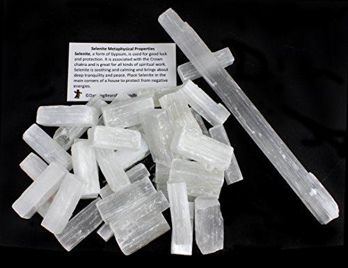 Selenite Sticks Bulk (35-40 pcs) 1.5-2"inch L X .25-.5" W Each, Bonus: (1) 8 inch Selenite Wand & Educational ID Card, Reiki, Chakra, Healing, Protection, Good Luck, Positive Energy
