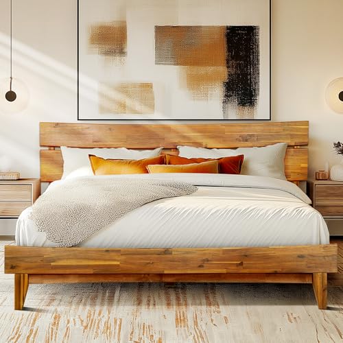 Acacia Aurora King Bed Frame and Headboard Solid Wood Platform Bed, King Bed Frame, Unqiue Design Contemporary Signature Wood Bed Compatible with All Mattress Types, Non-Slip and Noise-Free, Caramel