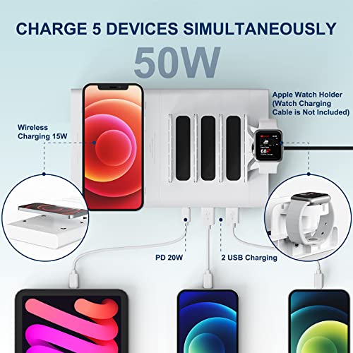 Wireless Charging Station for Multiple Devices, 50W 3 Ports Charging Dock with Fast PD USB-C, Wireless Charging Pad and 5 Mixed Cables Compatible with Cellphone iPad Kindle and Other Electronics