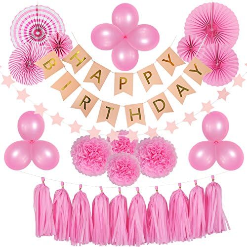 HypeDecor Baby Shower Decorations for Girl, Happy Birthday Banner, Paper Fans, Paper Balls, Tassels, Pink, Hanging, Party Supplies, Indoor/Outdoor