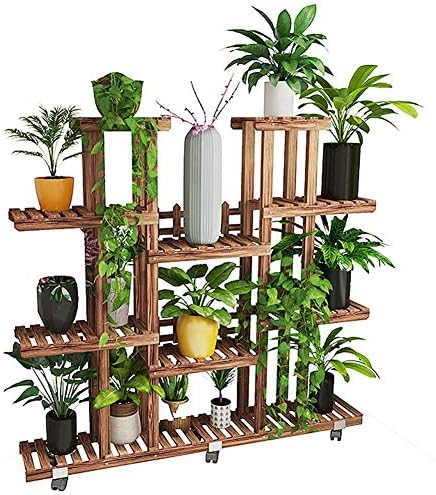 ZHANWEI Plant Flower Stand Flower Pots Holder Anticorrosive Wood Floor-Standing Multi-Layer Multifunction Universal Wheel Indoor Outdoor Balcony Carbonized Color (Color : with casters)