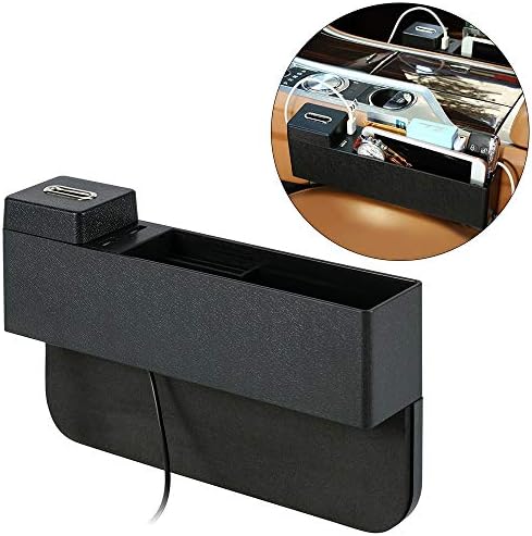 Car Seat Gap Organiser Side Pocket with Coin Box and 2 USB Charging Ports Universal Reversible Seat Storage Gap Filler for Driver Seat Passenger Seat