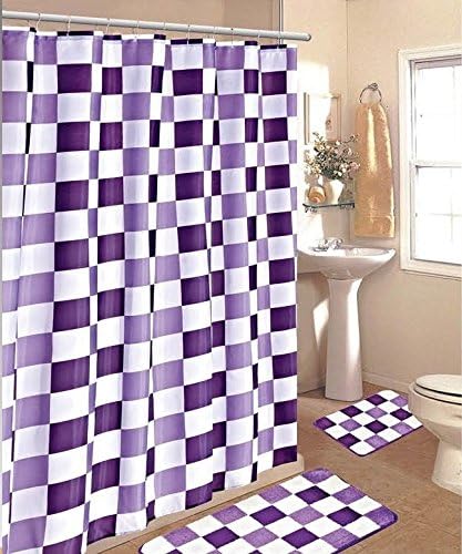 15pc Purple White Checkers Bathroom Bath Mats Set Rug Carpet Shower Curtain #2