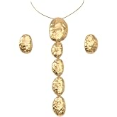 ETZRUNO Gold Statement Necklace Earrings Set For Women Geometric Asymmetrical Chunky Pendant Jewelry Set Ideal Present Fashion Accessories Long Chain Hammered Texture Modern Style Costume