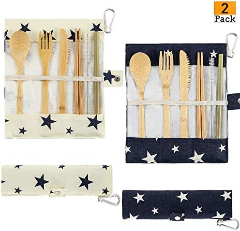 2 Pack Bamboo Cutlery Set Reusable Natural Travel Flatware Include Knife, Fork, Spoon, Straw and Cleaning Brush for Camping Office Lunch