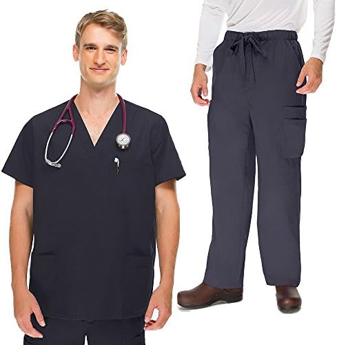 allheart Classics by Men's 5 Pocket Scrub Top &amp; Zip Fly Cargo Scrub Pant Set Small Pewter