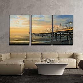 3 Piece Canvas Wall Art - Colorful Romantic Sunset on The Ocean Shore with Wooden Pier. - Modern Home Art Stretched and Framed Ready to Hang - 16"x24"x3 Panels
