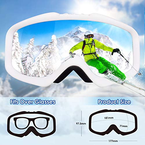 ShinePick Ski Goggles, Snowboard Goggles Over Glasses for Men, Women and Youth, Anti-Fog UV Protection OTG Snow Goggles for Skiing Skating(White)