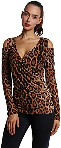 ColorFino Women's Slim Sexy Leopard Deep V Neck Long Sleeves Blouse Top T-shirt