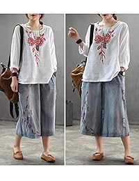 Pantalones de dama casual sueltos con entrepierna bordada y bolsillos anchos