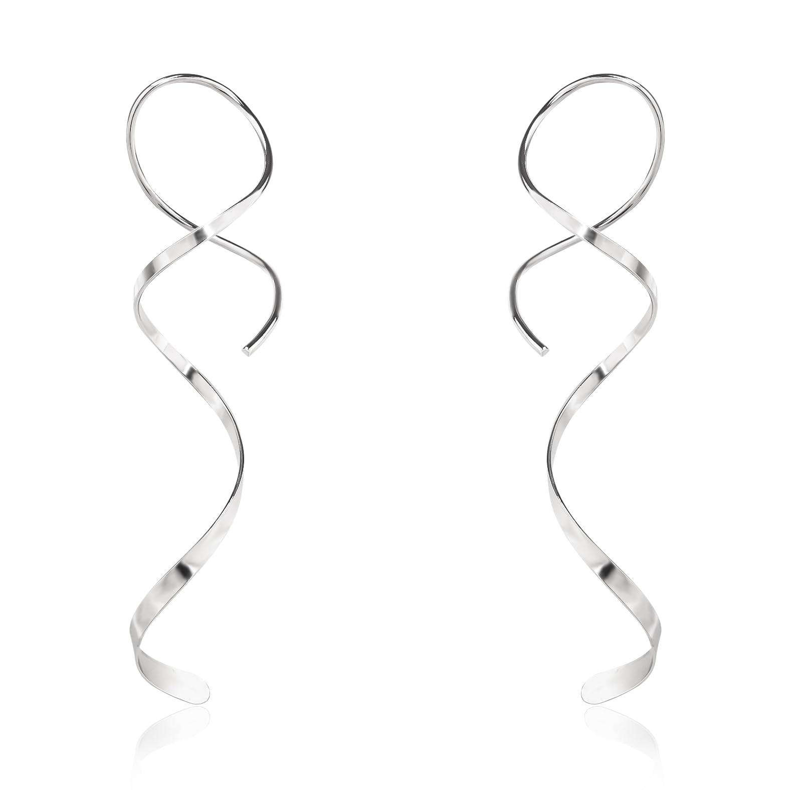 Photo 1 of Handmade 925 Sterling Silver Spiral Threader Earrings Hypoallergenic Twisted Curved Drop Dangle Earrings Pull Through Earrings for Women Trendy Fashion-Long Silver