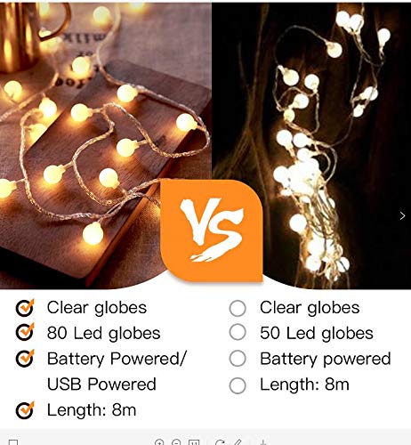 Led String Lights 80 LED Globe Fairy Lights IP65 Waterdichte Batterij Aangedreven Party Lights met Remote Timer voor… - Afbeelding 5