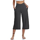 TARSE Womens Casual Wide Leg Yoga Capris Crossover High Waist Capri Pants Loose Soft Pajama Pockets Sweatpants