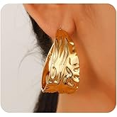 Hammered Hoop Earrings for Women,Plated Gold Chunky Statement Earrings,Hammering Wide Big Earrings Aesthetic Jewelry