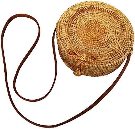 amololo Vintage Designer Tropical Rattan Straw Beach Bag l Shopping Zippered Tote with Linig and Leather Strap (7.8")