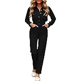 CaniBtr Jumpsuits for Women Dressy Casual Long Sleeve Button Up Stretch One Piece Long Pants Rompers with Pockets