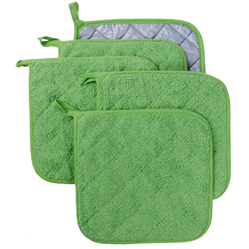 100% Cotton Kitchen Everyday Basic Terry Pot holder Heat Resistant Coaster Potholder for Cooking and Baking Set of 5 Apple Green