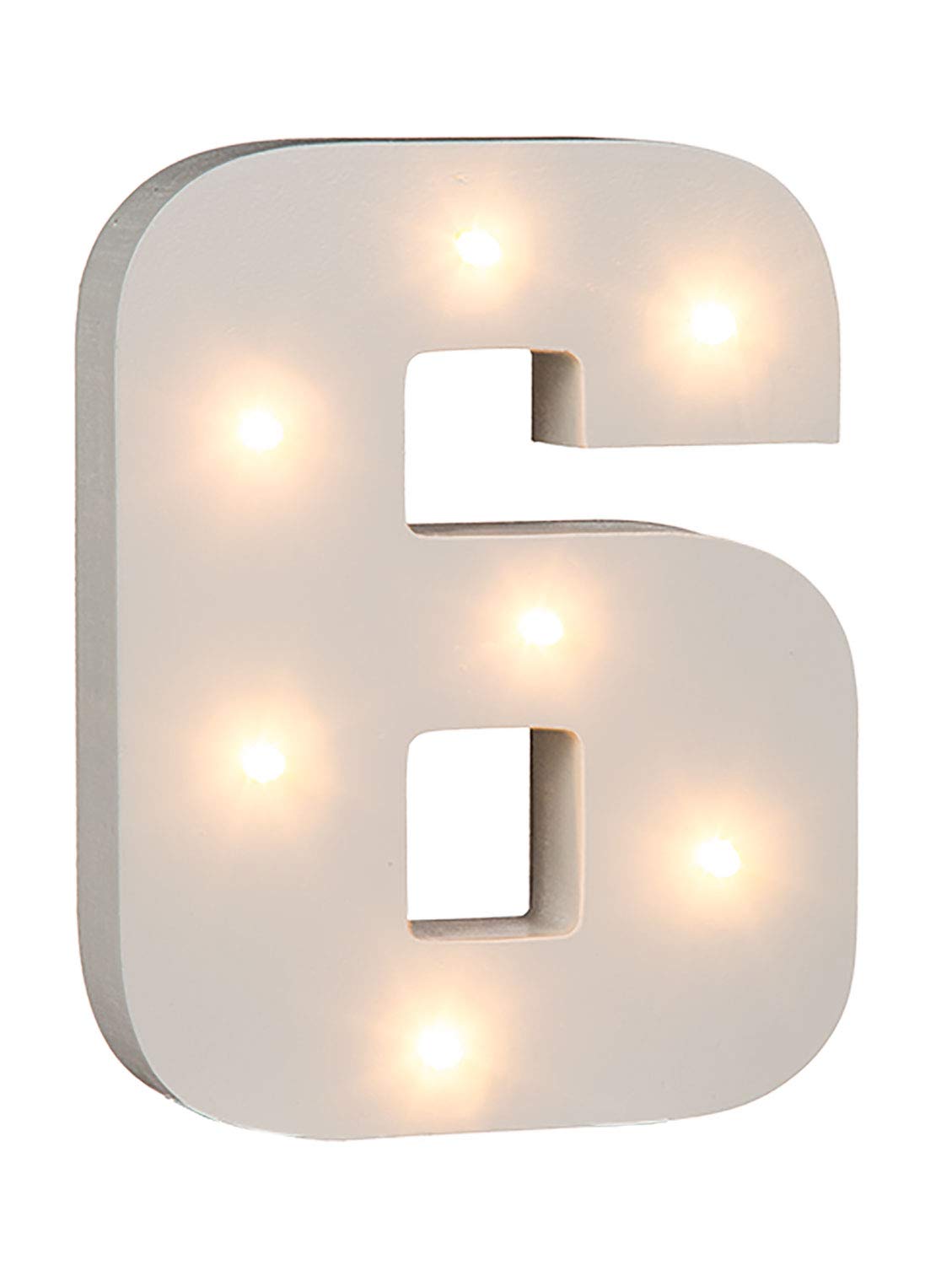 OOTB Illuminated Number 6 Light with 7 LED, Wood, White