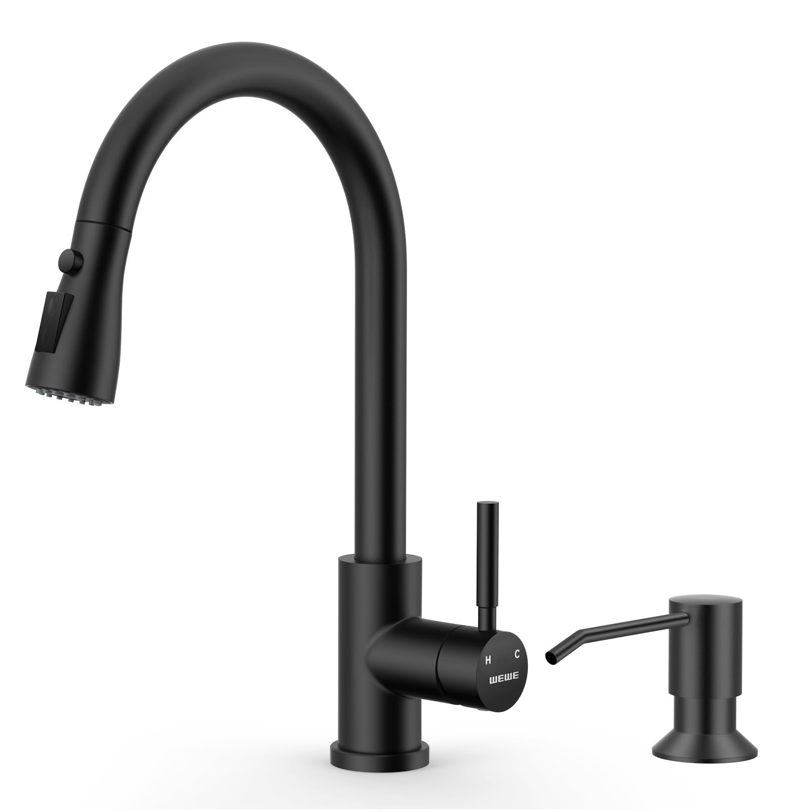 WEWE Kitchen Faucet with Pull Down Sprayer and Soap Dispenser, Stainless Steel Kitchen Sink Faucets, 3-Mode High Arc Single Handle Faucet for RV Farmhouse, Matte Black Image
